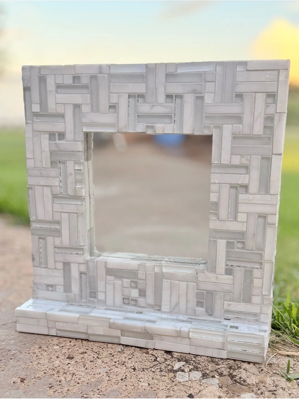 White Mosaic Tabletop Vanity Mirror- Modern Tiled Frame With 6x6” Inside Mirror